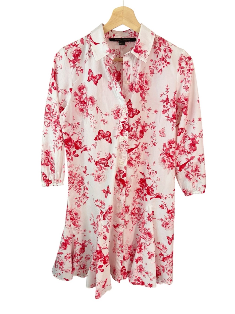 Cynthia Steffe Red Floral Butterfly Toile Cotton Shirt Dress S